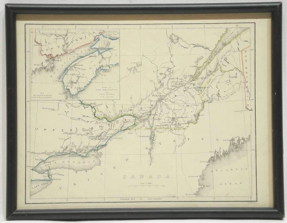 1850 MAP UPPER & LOWER CANADA FRAMED NEW BRUNSWICK NOVA SCOTIA W HUGHES - Image 1 of 4