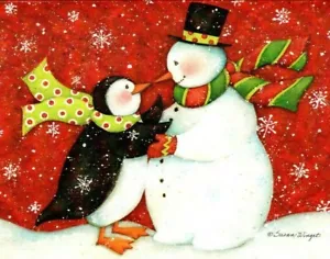 SUSAN WINGET SNOWMAN PENGUIN DANCE Lang Christmas Greeting Card w/ Envelope MG70 - Picture 1 of 3