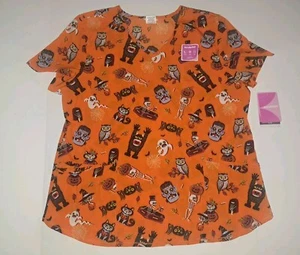 Halloween Horror Monsters Spooky Orange Scary Women's Scrub Top 2XL Scrubs #C27 - Picture 1 of 7