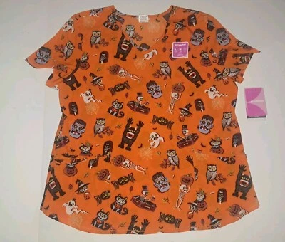 Halloween Horror Monsters Spooky Orange Scary Women's Scrub Top 2XL Scrubs #C27 - Image 1 of 4
