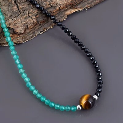 Negra Natural Spinel & Verde Onix Cuentas Redondas 18" Hilos Mano Collar Regalo - Imagen 1 de 3