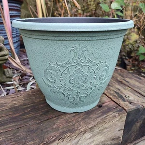 Decorative Plant Pot Round Ornate Aged Stone Effect Plastic Planter 25cm - Picture 1 of 7