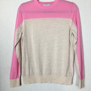 M&S Jumper UK 12 Pink Beige ColourBlock 100% Merino Wool Round Neck Long Sleeve - Picture 1 of 14