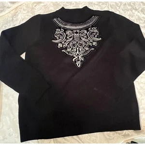 Vintage Worthington Embroidered Pullover Sweater Black Cream Pink Beaded Large - Picture 1 of 6