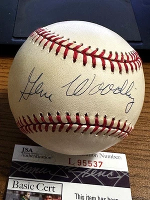 ¡BÉISBOL OAL AUTOGRAFIADO FIRMADO GENE WOODLING 4!  Yankees, Indios, Orioles! JSA Foto 1 de 2