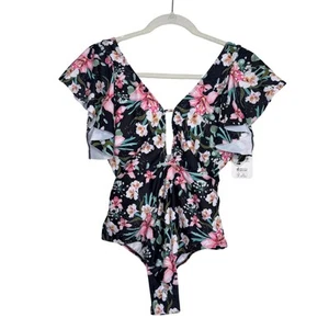 PatPat Blumen Rüschenärmel vorne Schlüssellochausschnitt Einteiler Badeanzug Größe Small - Bild 1 von 12