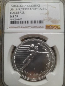 Egypt the 25 th OLYMPIC GAMS 1992 Habdball 5 Pounds NGC MS 69 VERY RARE . - Picture 1 of 3