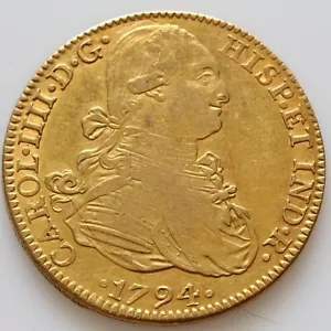 Spanien Goldmünze, Spanische Kolonialkolumbien, 1794, 8 Escudos Carlos IV, Lima Prägestätte - Bild 1 von 6
