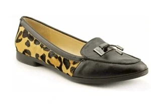 Calvin Klein Women’s Sz 7M Black Leather Leopard Calf Hair Loafer Ballet Flats - Picture 1 of 8