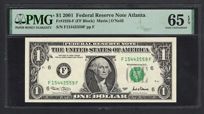 United States-Federal Reserve 1 Dollar 2001 Fr#1926-F (FF Block) UNC Grade 65 - Image 1 of 2