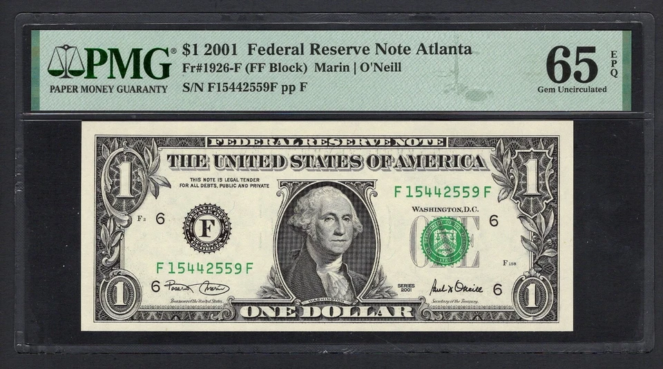 United States-Federal Reserve 1 Dollar 2001 Fr#1926-F (FF Block) UNC Grade 65 - Image 1 of 2