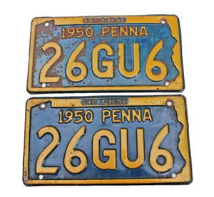 PAIR OF 2 VINTAGE ANTIQUE 1950 PENNA LICENSE PLATE 26GU6 GARAGE MAN CAVE DECOR - Picture 1 of 1