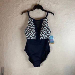 Swim Solutions Women's Blue High Neck Mesh Insert One Piece Swimsuit Size 14 NWT - Picture 1 of 9