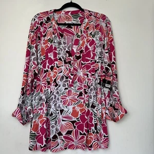Kim Rogers Shirts Womens Size 2X Top Blouse Floral 3/4 Sleeve Roll Tab Tunic - Picture 1 of 12