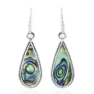 Classic Teardrop Shaped Abalone Shell Inlaid Sterling Silver Dangle Earrings - Picture 1 of 5