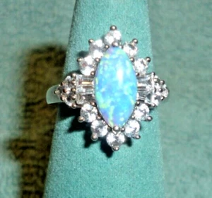 .925 Sterling Silver Marquise Fire Opal White Sapphire Cocktail Ring size 5 1/4 - Picture 1 of 22
