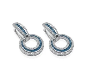 Sterling Silver 2.11 Ct White Round Blue Baguette Natural Diamond Hoop Earrings - Picture 1 of 7
