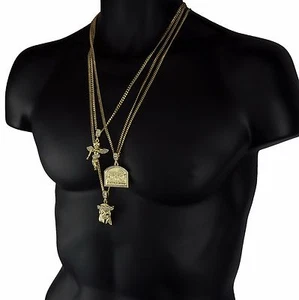 Gold Plated Jesus Angel Last Supper Pendant Cubic-Zirconia 24 27 30 Cuban Chain - Picture 1 of 7