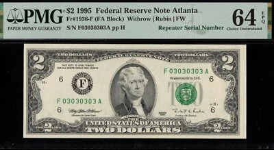 1995 $2 FRN F03030303A 2-DIGIT PMG #64EPQ - Image 1 of 3