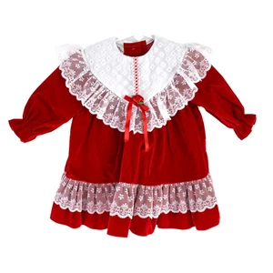 Vintage 80s Red Velveteen White Lace Toddler Dress Chest 24 Months - Picture 1 of 4