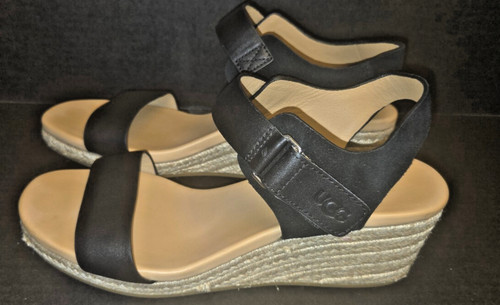 SANDALO UGG AUSTRALIA ESPADRILLAS IN PELLE EISLEY NERO CON ZEPPA TAGLIA US 8 5