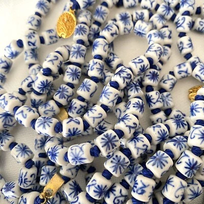 Vtg Hand Painted Porcelain Bead Necklace Gold Clasp Hand-Knotted 24" - Image 1 of 4