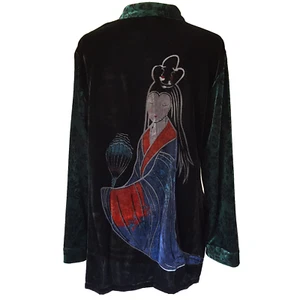 Look East Vintage Velvet Tunic Top M Emerald Green Geisha Back Artsy Lagenlook - Picture 1 of 8