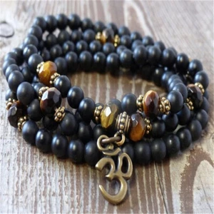 6mm Black Matte Faceted Tiger Eye Stone 108 Bead Bracelet 3D Men's Wrap Chain - Picture 1 of 6