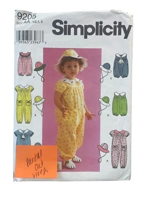 Sewing Pattern Simplicity 9205 PARTIAL CUT at Size 2 Romper Jumper Hat Toddler - Image 1 of 2