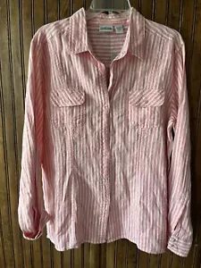 Chicos Pink Striped Long Sleeve Linen Shirt Snap Front Sz 2 Medium NWT - Picture 1 of 8