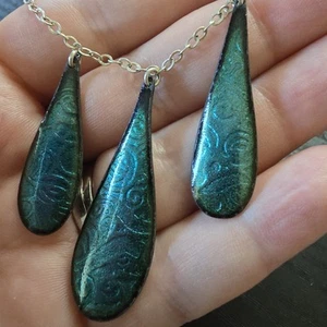 Artisan Sterling Silver 18" Necklace Tri Teardrop Enamel Guilloche Pendants - Picture 1 of 6