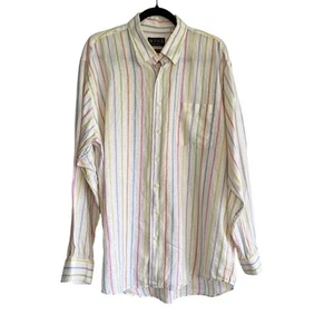 MINE White with Pastel Stripes 100% Linen Button Down Shirt Mens L Coastal - Picture 1 of 7