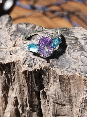 Lavender Amethyst halo ring with Aquamarine accents - Size 10 - Image 1 of 4
