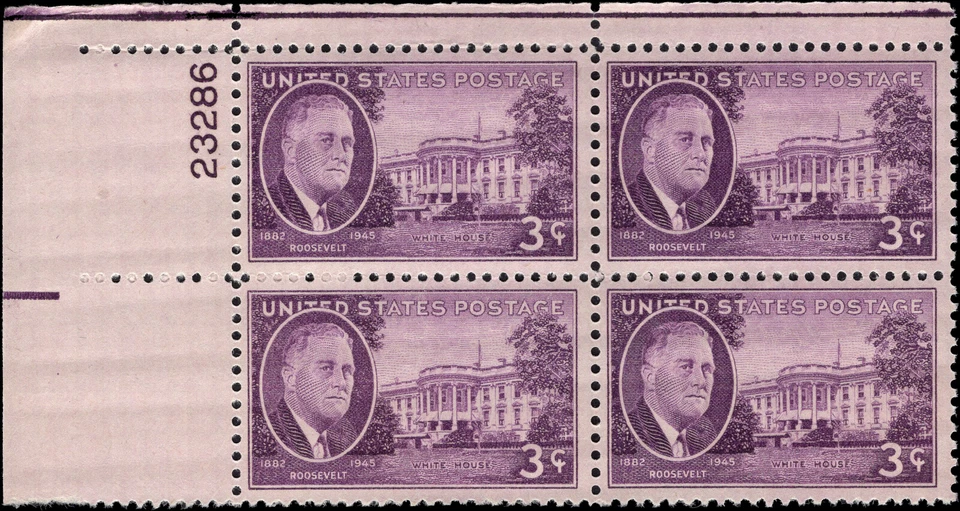 US Scott # 932, Franklin D. Roosevelt, Plate Block of 1945 3¢ Stamps, MNH - Image 1 of 1