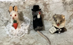 3 Vintage Original Fur Animals Bride,Groom priest Mouse Figures Toy West Germany - Picture 1 of 9