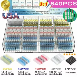 840PCS Waterproof Solder Seal Sleeve Heat Shrink Butt Wire Connectors Terminals - Picture 1 of 11