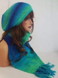 MULTI COLOR HAND CROCHET BAGGY RASTA HAT AND SCARF SET BAGGY SLOUCHY BAGGIE TAM  - Picture 1 of 7
