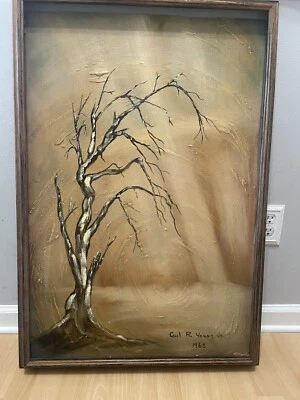 RARE Early Cecil R Young Jr. Western Tree Original Oil Painting Art 1965 Erie - Image 1 of 3
