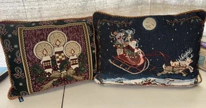 Dakota Tapestry Christmas Decorative Pillow 16” Set Of Two Candles Santa Sleigh - Picture 1 of 6