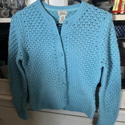 L.L. Cárdigan Suéter Lana Frijol Angora Azul Crochet Abierto Talla S-reg Ver Etiqueta Foto 1 de 4