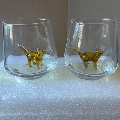 3D Drinking Glass Cup with Handmade Glass Cat Figurines Inside Stemless Novelty  - Image 1 of 4