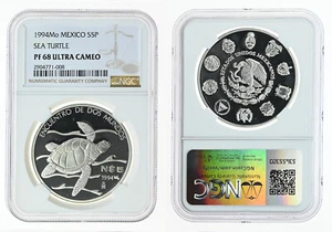 MÉXICO 5 Pesos 1994 Plata NGC PF68 UC 'Pacific Ridley Sea Turtle' Iberoamérica - Imagen 1 de 3