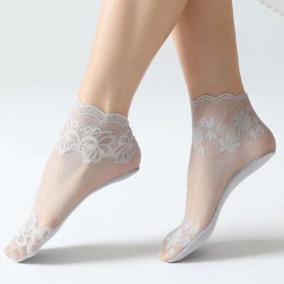 Meias de malha de renda flor elástica invisível curto tornozelo meias base de algodão meia-calça - Imagem 1 de 4