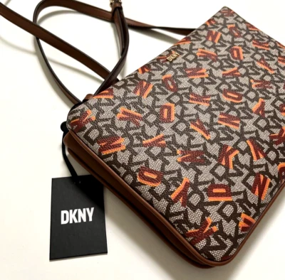 NWT DKNY Ines Crossbody Bag Double Compartment Monogram Brown Orange PVC - Image 1 of 4