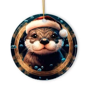 Otter w Santa Hat Flat Round Ceramic Ornament NWT Made in USA - Picture 1 of 1