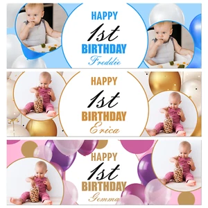 Personalised 1st Birthday Banner | 2 Photos | Pink, Blue, Gold Options - Picture 1 of 4