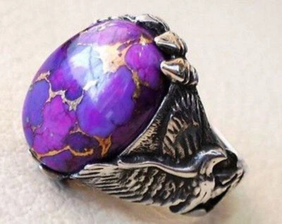 Solid 925 Sterling Silver Natural Purple Turquoise Cab Gemstone Eagle Men's Ring - Image 1 of 4