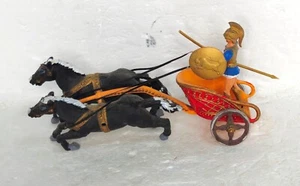 Vintage 1970's Greek Roman GLADIATOR Soldier on CHARIOT with Horses Plastic Toy - Picture 1 of 5