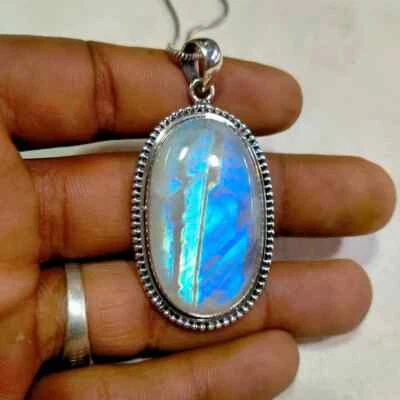 Fine Rainbow Moonstone Gemstone 925 Sterling Silver Handmade Pendant A-76 - Image 1 of 4