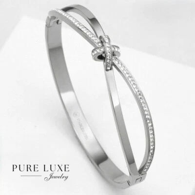 Women's 6.5" Silver Stainless Steel Brilliant CZ,Eternity Bangle Bracelet*BOX - Image 1 of 3